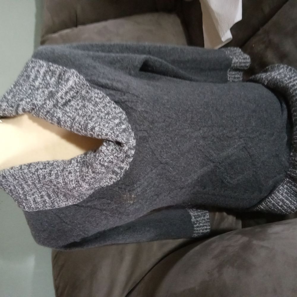 Gray Knit Cowl Turtleneck Sweater with Patterned Torso